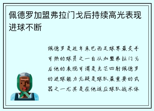 佩德罗加盟弗拉门戈后持续高光表现进球不断