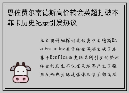 恩佐费尔南德斯高价转会英超打破本菲卡历史纪录引发热议