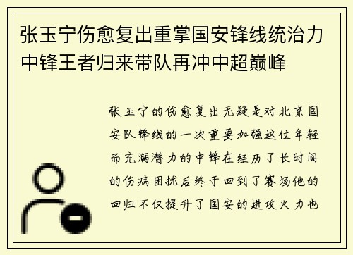 张玉宁伤愈复出重掌国安锋线统治力中锋王者归来带队再冲中超巅峰 张玉宁伤愈复出重掌国安锋线统治力中锋王者归来带队再冲中超巅峰
